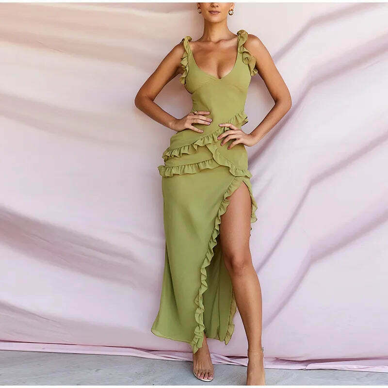 Twisty Twirl High Slit Ruffle Dress - Y2K Fashion Statement with Coquette Aesthetic and Grunge Style Twisty Twirl High Slit Ruffle Dress - Y2K Fashion Statement with Coquette Aesthetic and Grunge Style