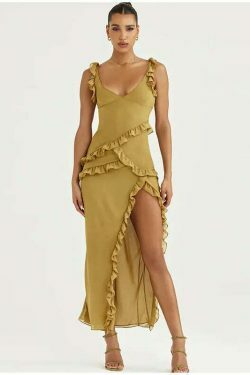 Twisty Twirl High Slit Ruffle Dress - Y2K Fashion Statement with Coquette Aesthetic and Grunge Style