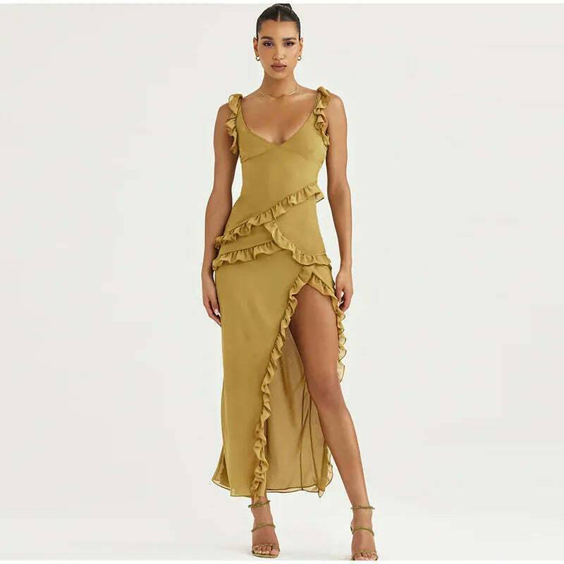 Twisty Twirl High Slit Ruffle Dress - Y2K Fashion Statement with Coquette Aesthetic and Grunge Style Twisty Twirl High Slit Ruffle Dress - Y2K Fashion Statement with Coquette Aesthetic and Grunge Style