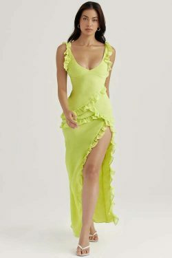 Twisty Twirl High Slit Ruffle Dress - Y2K Fashion Statement with Coquette Aesthetic and Grunge Style