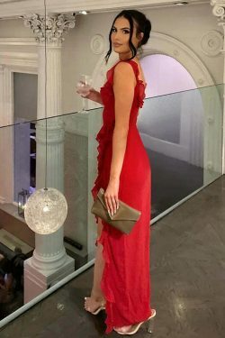 Twisty Twirl High Slit Ruffle Dress - Y2K Fashion Statement with Coquette Aesthetic and Grunge Style