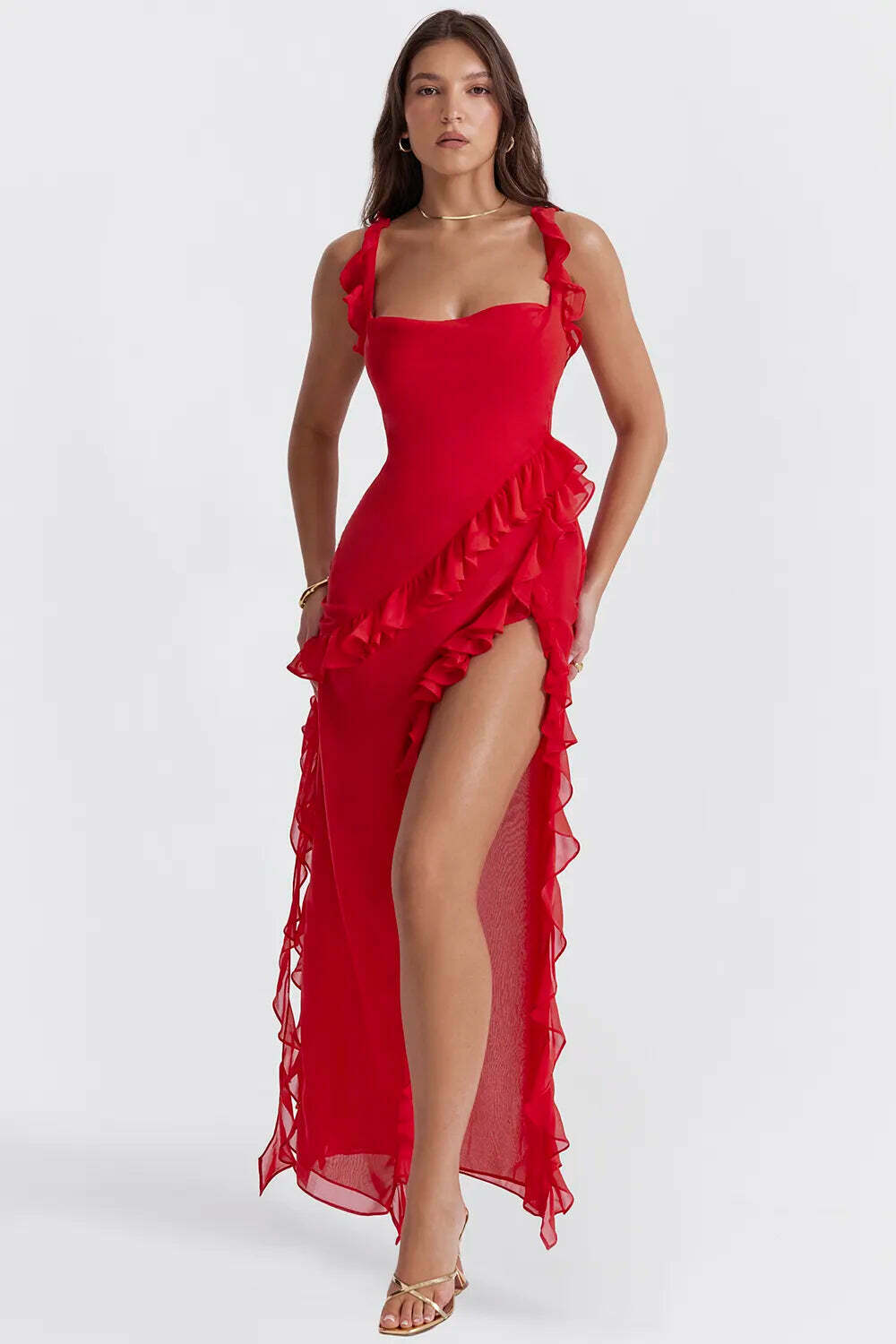 Twisty Twirl High Slit Ruffle Dress - Y2K Fashion Statement with Coquette Aesthetic and Grunge Style Twisty Twirl High Slit Ruffle Dress - Y2K Fashion Statement with Coquette Aesthetic and Grunge Style