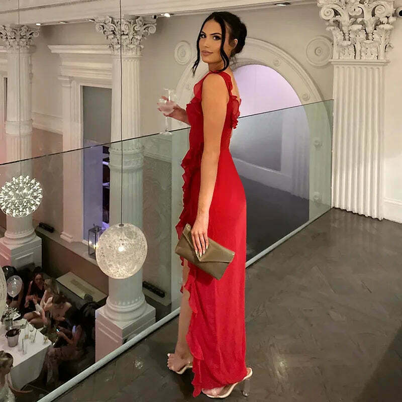 Twisty Twirl High Slit Ruffle Dress - Y2K Fashion Statement with Coquette Aesthetic and Grunge Style Twisty Twirl High Slit Ruffle Dress - Y2K Fashion Statement with Coquette Aesthetic and Grunge Style