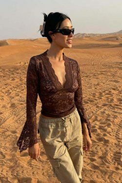 Valerian V-Neck Lace Top - Y2K Fashion Coquette Aesthetic Grunge Style Cute Tops Pastel Goth