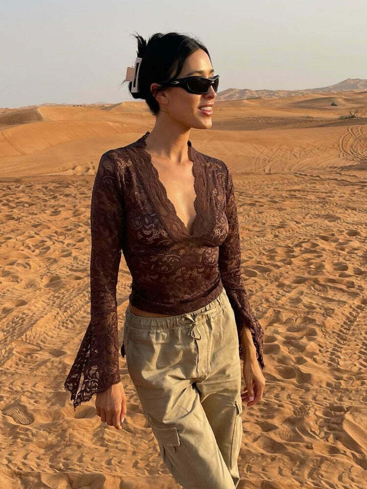 Valerian V-Neck Lace Top - Y2K Fashion Coquette Aesthetic Grunge Style Cute Tops Pastel Goth