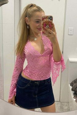 Valerian V-Neck Lace Top - Y2K Fashion Coquette Aesthetic Grunge Style Cute Tops Pastel Goth