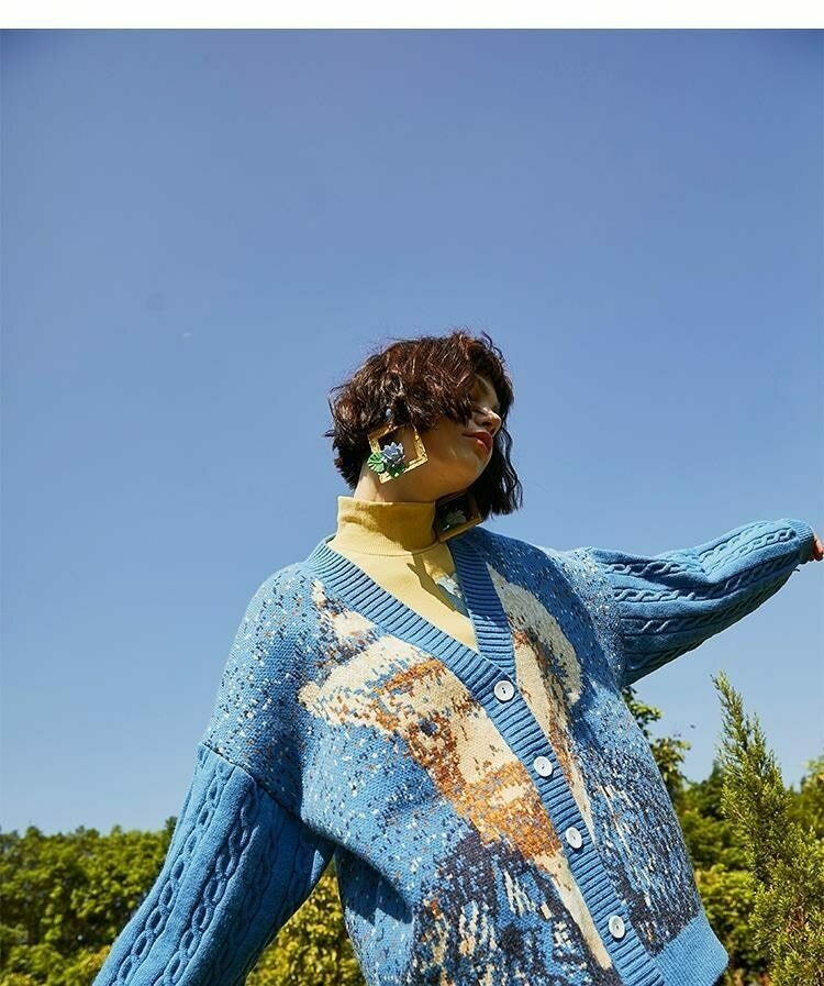 Van Gogh Vintage Cardigan: Y2K Aesthetic Knit Sweater for Women - Coquette Style Grunge Fashion Van Gogh Vintage Cardigan: Y2K Aesthetic Knit Sweater for Women - Coquette Style Grunge Fashion