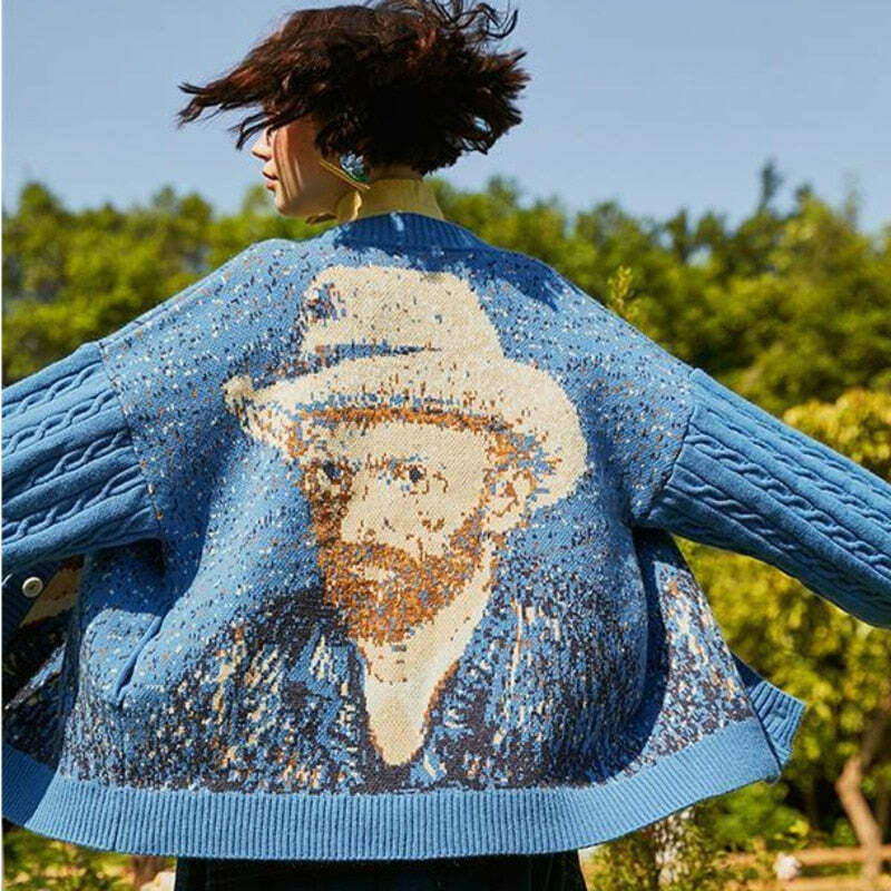 Van Gogh Vintage Cardigan: Y2K Aesthetic Knit Sweater for Women - Coquette Style Grunge Fashion Van Gogh Vintage Cardigan: Y2K Aesthetic Knit Sweater for Women - Coquette Style Grunge Fashion