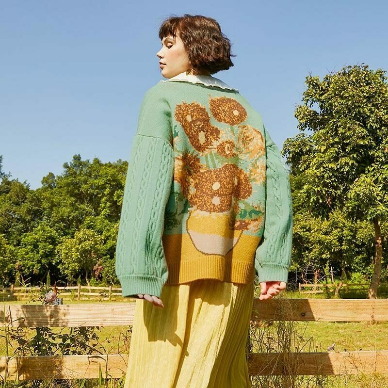 Van Gogh Vintage Cardigan: Y2K Aesthetic Knit Sweater for Women - Coquette Style Grunge Fashion Van Gogh Vintage Cardigan: Y2K Aesthetic Knit Sweater for Women - Coquette Style Grunge Fashion