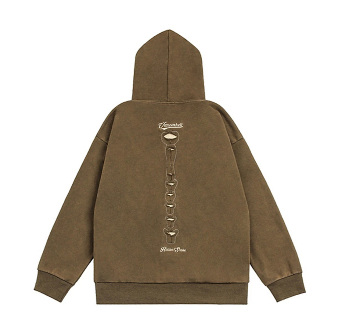 VANCARHELL Skeleton Ribcage Acid Wash Hoodie - Y2K Grunge Aesthetic Cute Tops Goth Style
