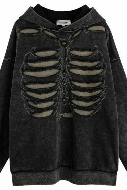 VANCARHELL Skeleton Ribcage Acid Wash Hoodie - Y2K Grunge Aesthetic Cute Tops Goth Style