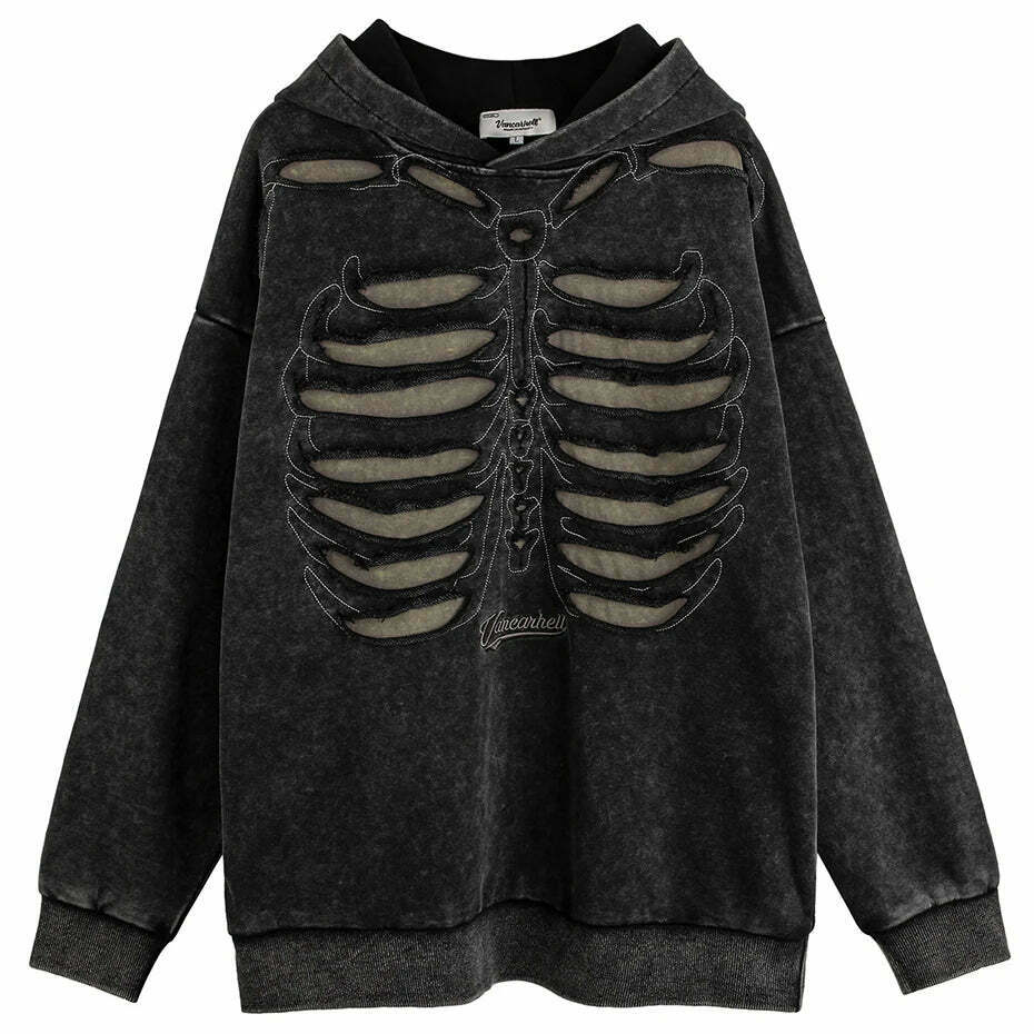 VANCARHELL Skeleton Ribcage Acid Wash Hoodie - Y2K Grunge Aesthetic Cute Tops Goth Style
