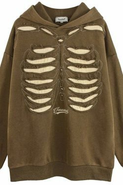 VANCARHELL Skeleton Ribcage Acid Wash Hoodie - Y2K Grunge Aesthetic Cute Tops Goth Style