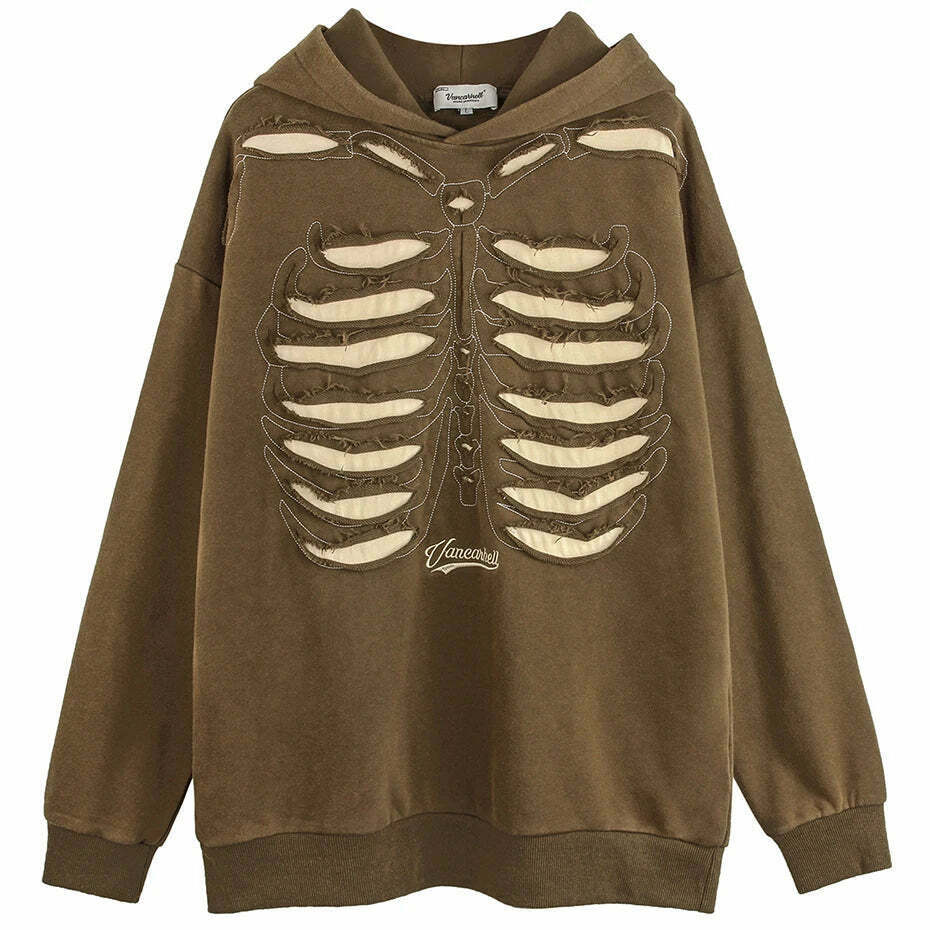 VANCARHELL Skeleton Ribcage Acid Wash Hoodie - Y2K Grunge Aesthetic Cute Tops Goth Style