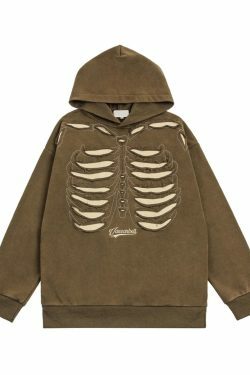 VANCARHELL Skeleton Ribcage Acid Wash Hoodie - Y2K Grunge Aesthetic Cute Tops Goth Style