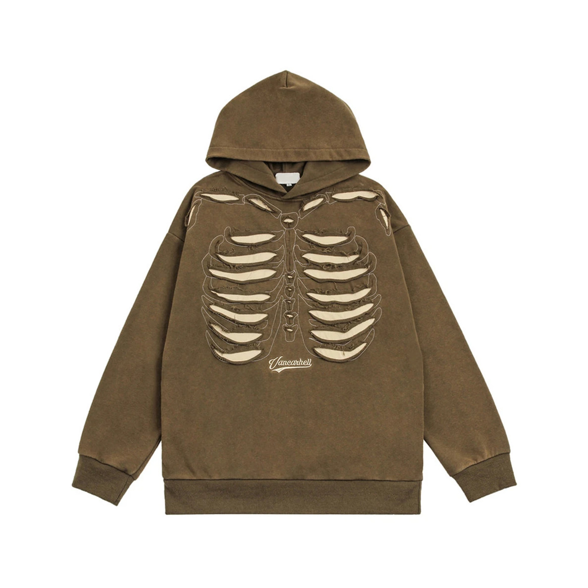 VANCARHELL Skeleton Ribcage Acid Wash Hoodie - Y2K Grunge Aesthetic Cute Tops Goth Style