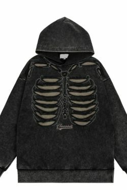 VANCARHELL Skeleton Ribcage Acid Wash Hoodie - Y2K Grunge Aesthetic Cute Tops Goth Style