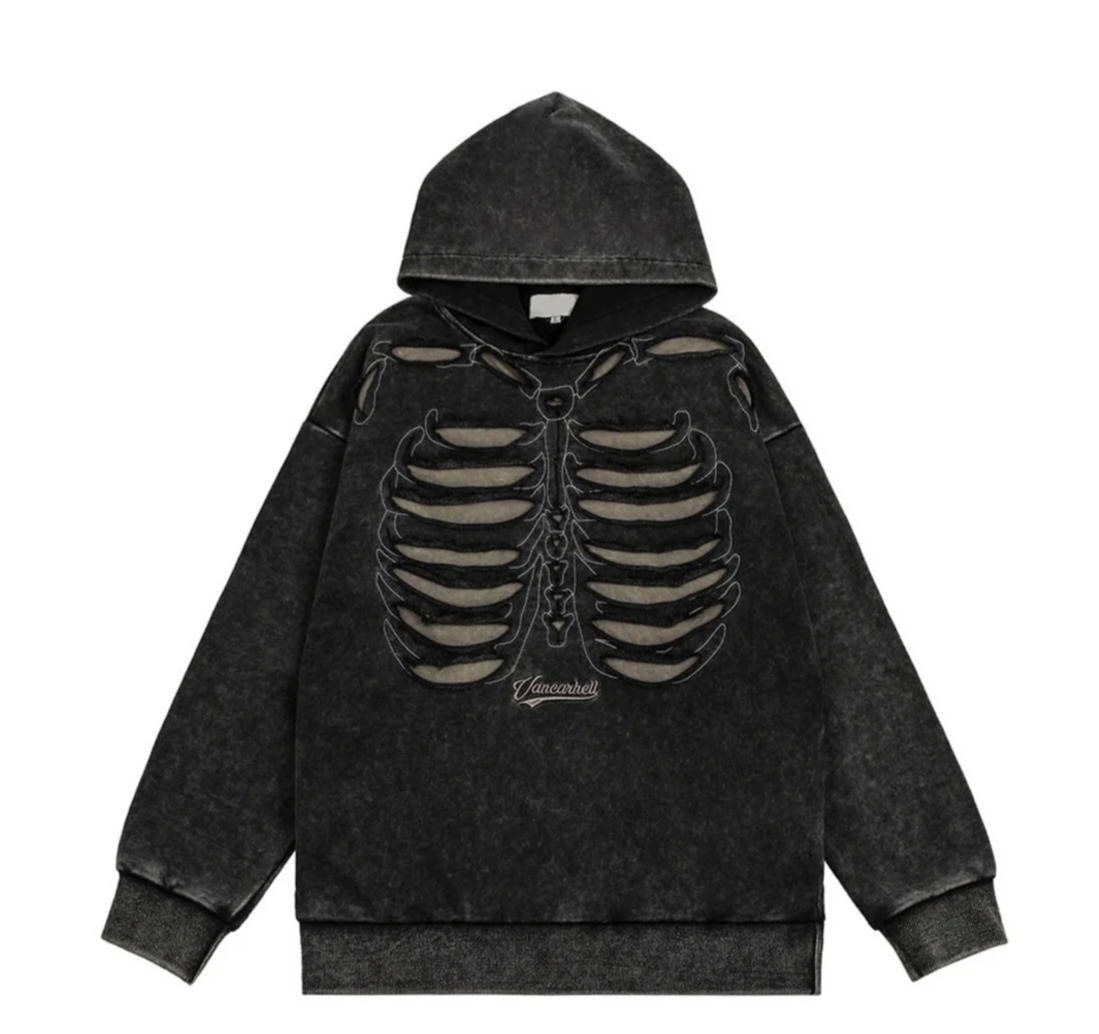 VANCARHELL Skeleton Ribcage Acid Wash Hoodie - Y2K Grunge Aesthetic Cute Tops Goth Style