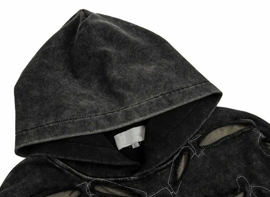 VANCARHELL Skeleton Ribcage Acid Wash Hoodie - Y2K Grunge Aesthetic Cute Tops Goth Style