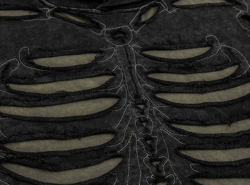 VANCARHELL Skeleton Ribcage Acid Wash Hoodie - Y2K Grunge Aesthetic Cute Tops Goth Style
