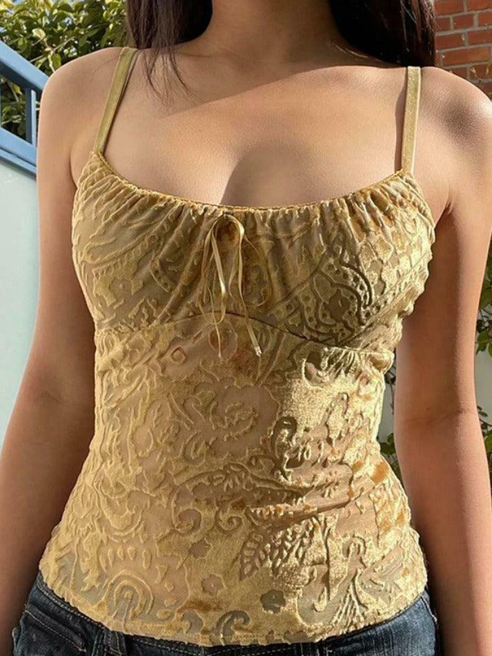 Velvet Floral Jacquard Bow Cami: Y2K Fashion Top with Coquette Aesthetic