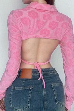 Velvet Floral Print Backless Lacing Crop Top - Y2K Aesthetic Long Sleeve Shirt for Women