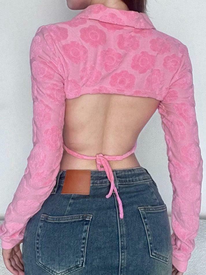 Velvet Floral Print Backless Lacing Crop Top - Y2K Aesthetic Long Sleeve Shirt for Women