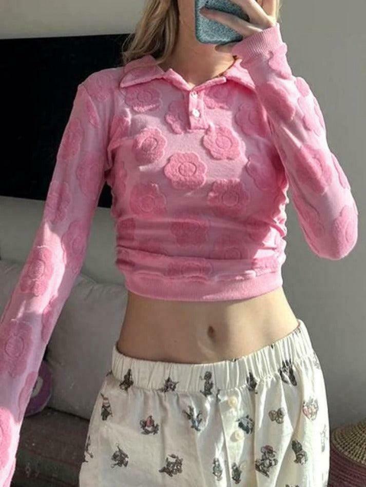 Velvet Floral Print Backless Lacing Crop Top - Y2K Aesthetic Long Sleeve Shirt for Women