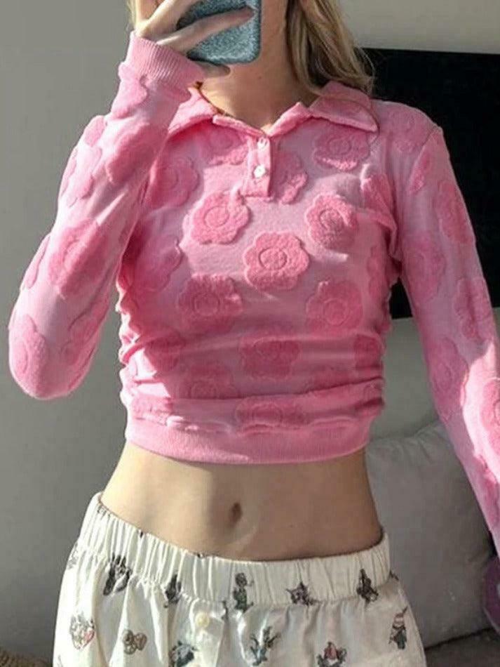 Velvet Floral Print Backless Lacing Crop Top - Y2K Aesthetic Long Sleeve Shirt for Women