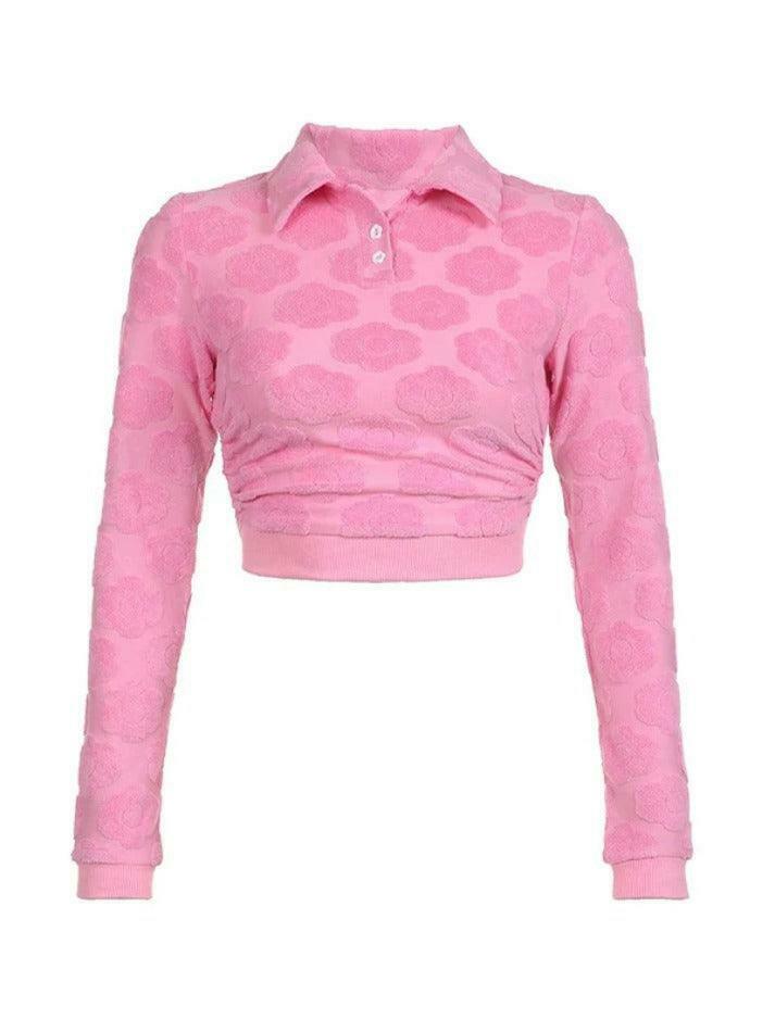 Velvet Floral Print Backless Lacing Crop Top - Y2K Aesthetic Long Sleeve Shirt for Women