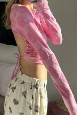 Velvet Floral Print Backless Lacing Crop Top - Y2K Aesthetic Long Sleeve Shirt for Women