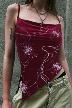 Velvet Print Asymmetric Slit Hem Cami Top - Y2K Aesthetic Fashion - Coquette Grunge Outfit