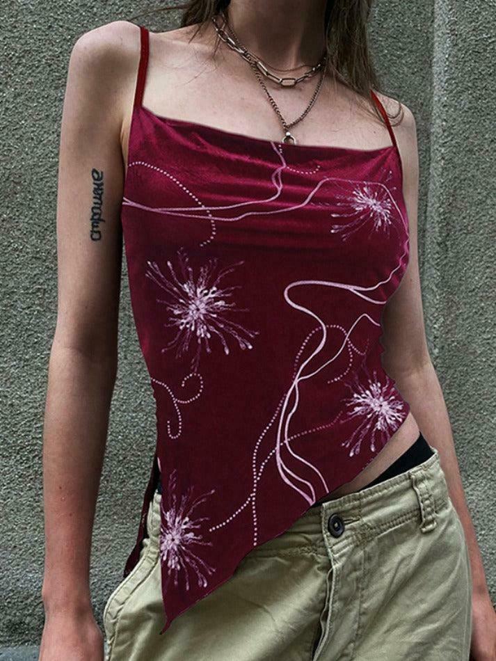 Velvet Print Asymmetric Slit Hem Cami Top - Y2K Aesthetic Fashion - Coquette Grunge Outfit