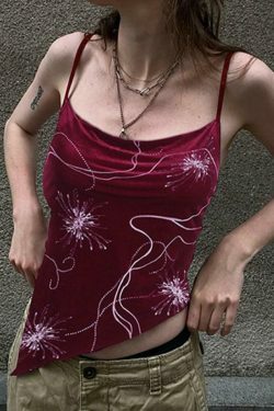 Velvet Print Asymmetric Slit Hem Cami Top - Y2K Aesthetic Fashion - Coquette Grunge Outfit