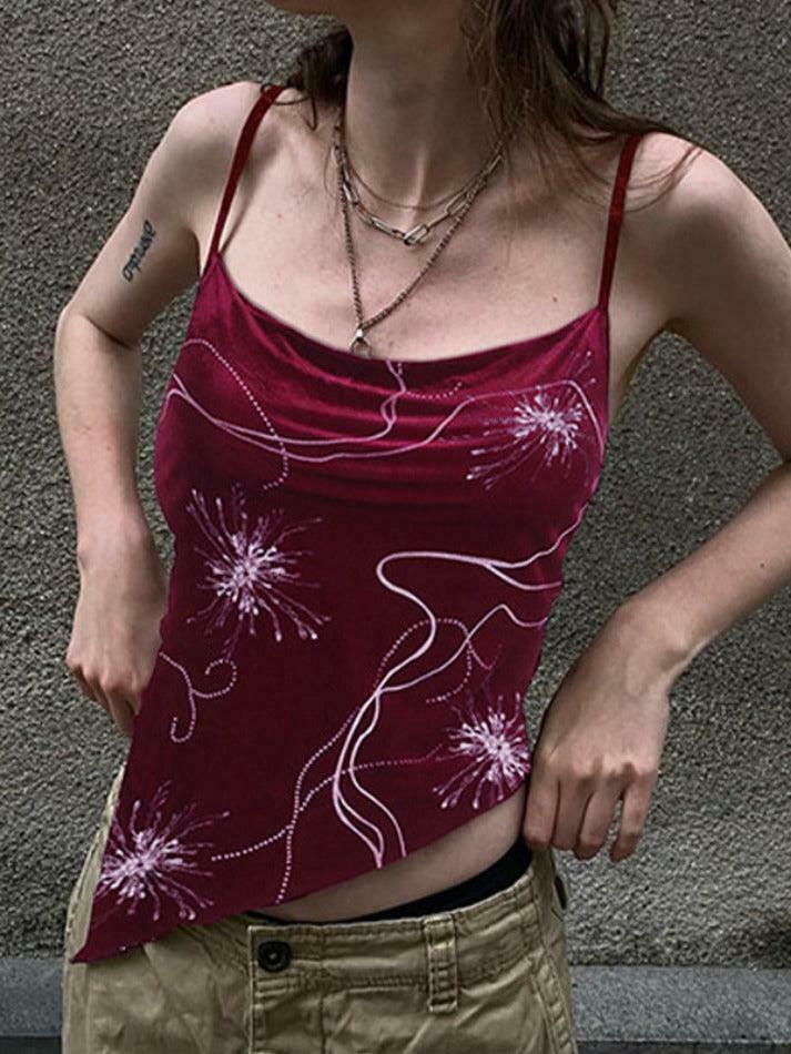 Velvet Print Asymmetric Slit Hem Cami Top - Y2K Aesthetic Fashion - Coquette Grunge Outfit