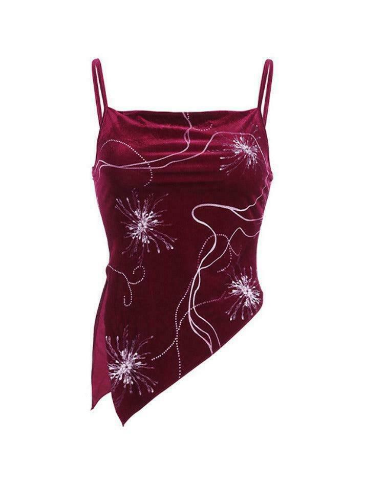 Velvet Print Asymmetric Slit Hem Cami Top - Y2K Aesthetic Fashion - Coquette Grunge Outfit