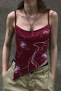 Velvet Print Asymmetric Slit Hem Cami Top - Y2K Aesthetic Fashion - Coquette Grunge Outfit