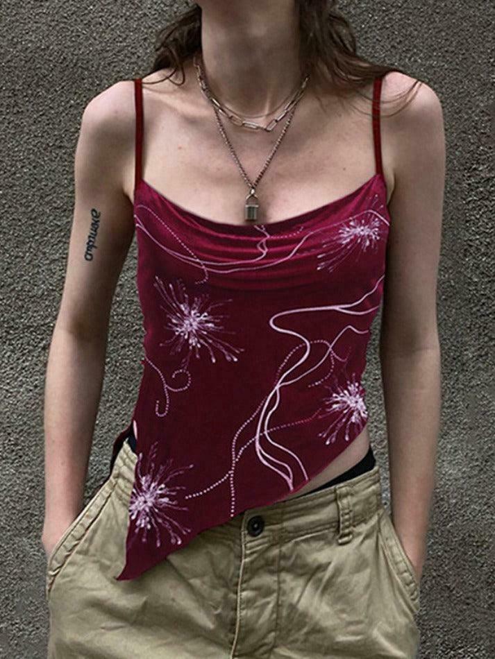 Velvet Print Asymmetric Slit Hem Cami Top - Y2K Aesthetic Fashion - Coquette Grunge Outfit