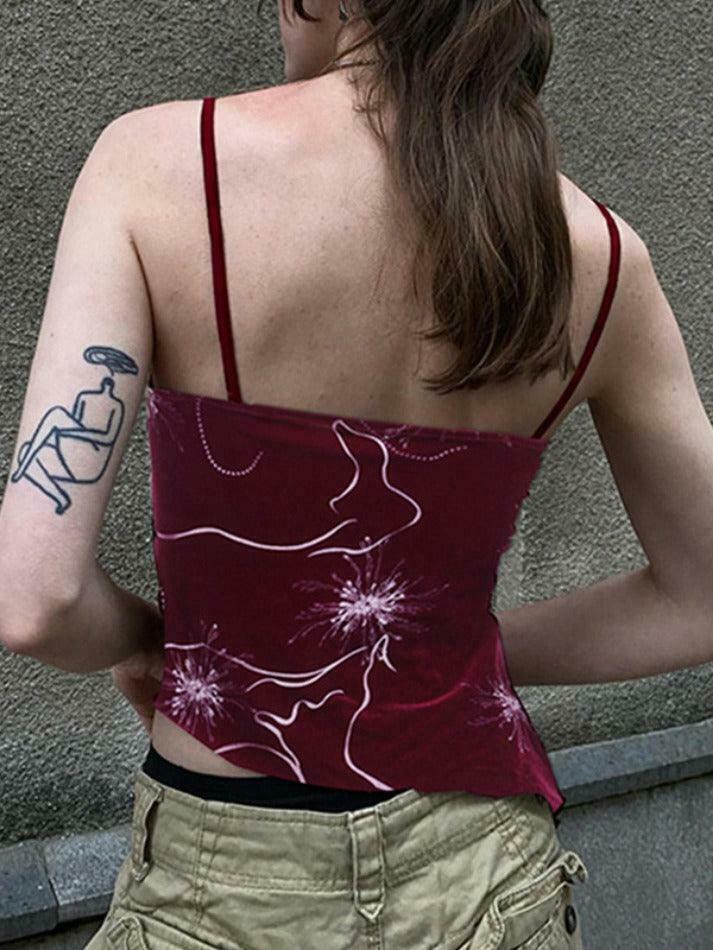 Velvet Print Asymmetric Slit Hem Cami Top - Y2K Aesthetic Fashion - Coquette Grunge Outfit