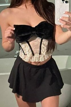 Velvet Ribbon Lace Corset Tank Top - Y2K Fashion Aesthetic for Women - Coquette Style Grunge Outfit