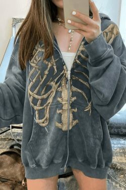 Velvet Skeleton Graphic Zip Up Hoodie - Y2K Aesthetic Coquette Fashion for Women