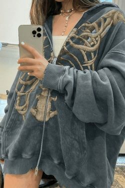 Velvet Skeleton Graphic Zip Up Hoodie - Y2K Aesthetic Coquette Fashion for Women