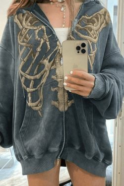 Velvet Skeleton Graphic Zip Up Hoodie - Y2K Aesthetic Coquette Fashion for Women