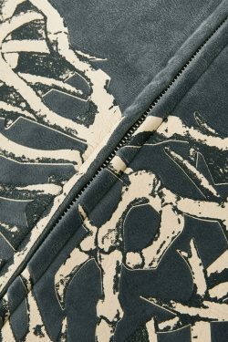 Velvet Skeleton Graphic Zip Up Hoodie - Y2K Aesthetic Coquette Fashion for Women