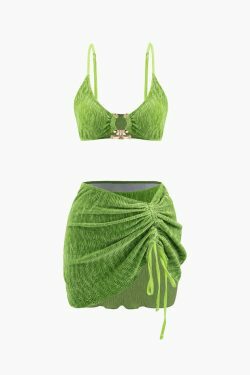 Velvet Textured U-ring Bikini & Sarong 3pc Set - Y2K Co