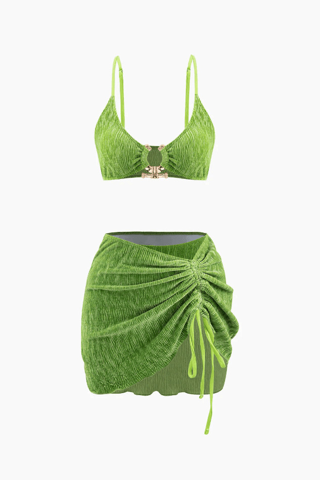 Velvet Textured U-ring Bikini & Sarong 3pc Set - Y2K Co Velvet Textured U-ring Bikini & Sarong 3pc Set - Y2K Co