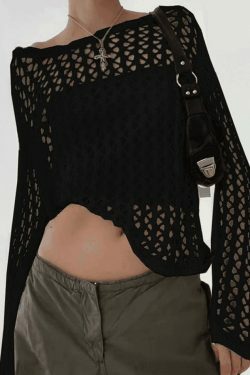 Vintage-Inspired Crochet Knit Top - Y2K Fashion Aesthetic with Coquette & Grunge Vibes