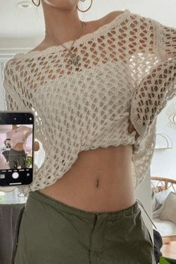 Vintage-Inspired Crochet Knit Top - Y2K Fashion Aesthetic with Coquette & Grunge Vibes