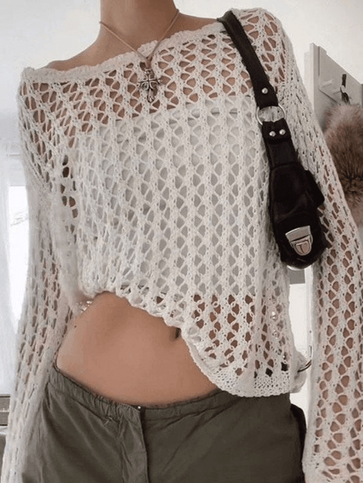 Vintage-Inspired Crochet Knit Top - Y2K Fashion Aesthetic with Coquette & Grunge Vibes