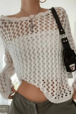 Vintage-Inspired Crochet Knit Top - Y2K Fashion Aesthetic with Coquette & Grunge Vibes